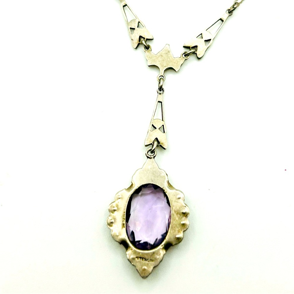 Vintage Marcasite & Amethyst Sterling Silver 925 Art Deco Gatsby Necklace - Picture 6 of 9